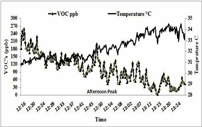 Levels of VOC and temperature trends at CM site (1st day, 2010)