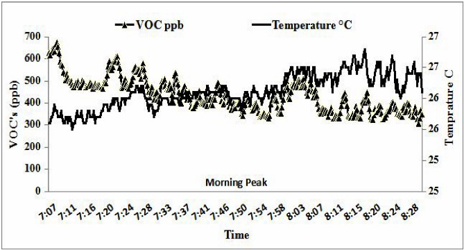 Levels of VOC and temperature trends at CM site (1st day, 2010)